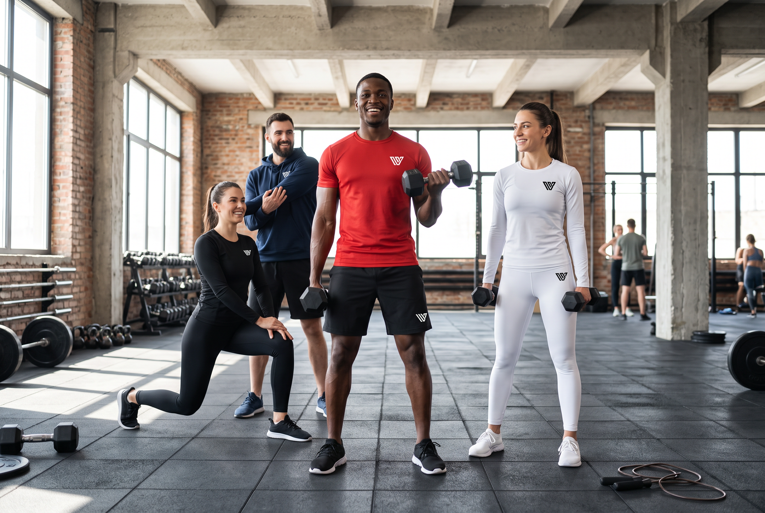 Athletes working out together in red, white, navy and black VIBE WORLD VIBE FITNESS gear with VWV logos